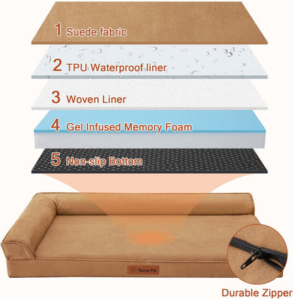 Upgraded Large Dog Bed, 3" Memory Foam with Waterproof Liner, Chew Resistant Microsuede Cover, Removable and Washable, for Indoor, Outdoor, and Car Use, Nonskid Base, 41x27 Inches XL Khaki