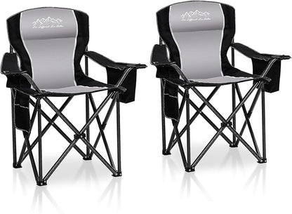SAILARY 2PCS Folding Camping Chair Portable Outdoor Heavy Duty Padded Chairs Lawn Chair with Cup Holder, Storage Pocket and Cooler Bag, Supports 450LBS Black