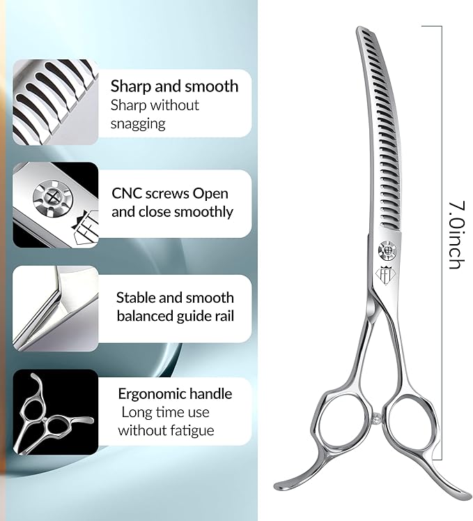 Professional Curved Thinning Scissors for Dog Grooming, 30-Degree Curvature, Japanese 440C for Trimming Dogs Cats and Other Pets face and paws (Curved Chunker)