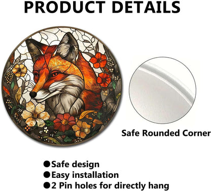 Lygond Metal Sign Tin Sign Circular Stained Glass Fox Boho Bedroom Decorations for Home Decor 8×8 Inches