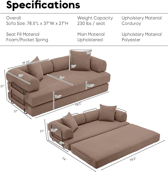 Convertible Folding Mattress Couch, Comfy Corduroy Sleeper Floor Sofa Bed with Fixed-Shape Frame, Floor Sofa with Armrest, Lounge Couch for Living Room Bedroom Lounge Studio,Brown