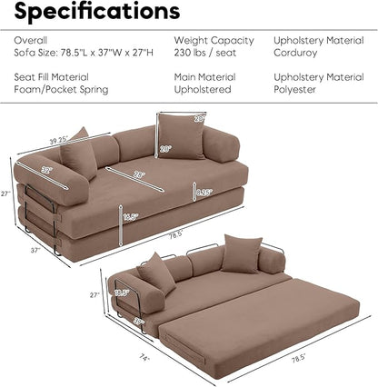 Convertible Folding Mattress Couch, Comfy Corduroy Sleeper Floor Sofa Bed with Fixed-Shape Frame, Floor Sofa with Armrest, Lounge Couch for Living Room Bedroom Lounge Studio,Brown