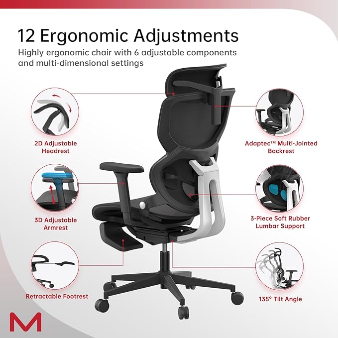 Ergonomic Mesh Office Chair with Footrest, Home Office Executive Chair with Lumbar Support, Ergonomic Computer Gaming Chair with Tilt Lock,Backrest, Home Desk Chair with High Back(Black)