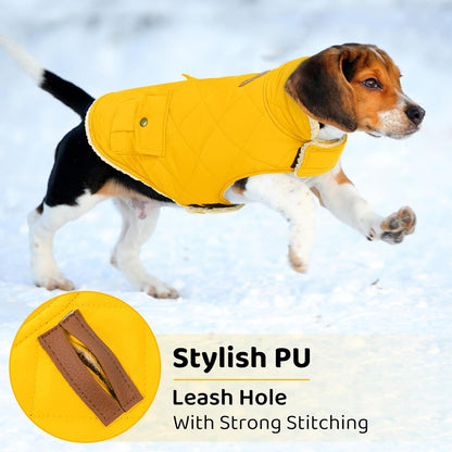 Queenmore Dog Winter Coat Warm Puffer Jacket Waterproof Plush Lining Thermal Cold Weather Vest for Small Medium Large Dogs, Windproof Easy On Pet Jacket Yellow M
