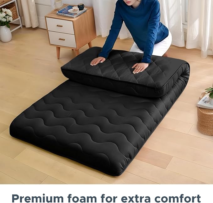 Japanese Floor Mattress, 100% High Density Comfortable Foam, 4" Thicken Foldable Mattress Tatami Mat Sleeping Pad, Ideal for Comfort and Support, Kids Floor Lounger Pillow Bed Sofa, Black, Full
