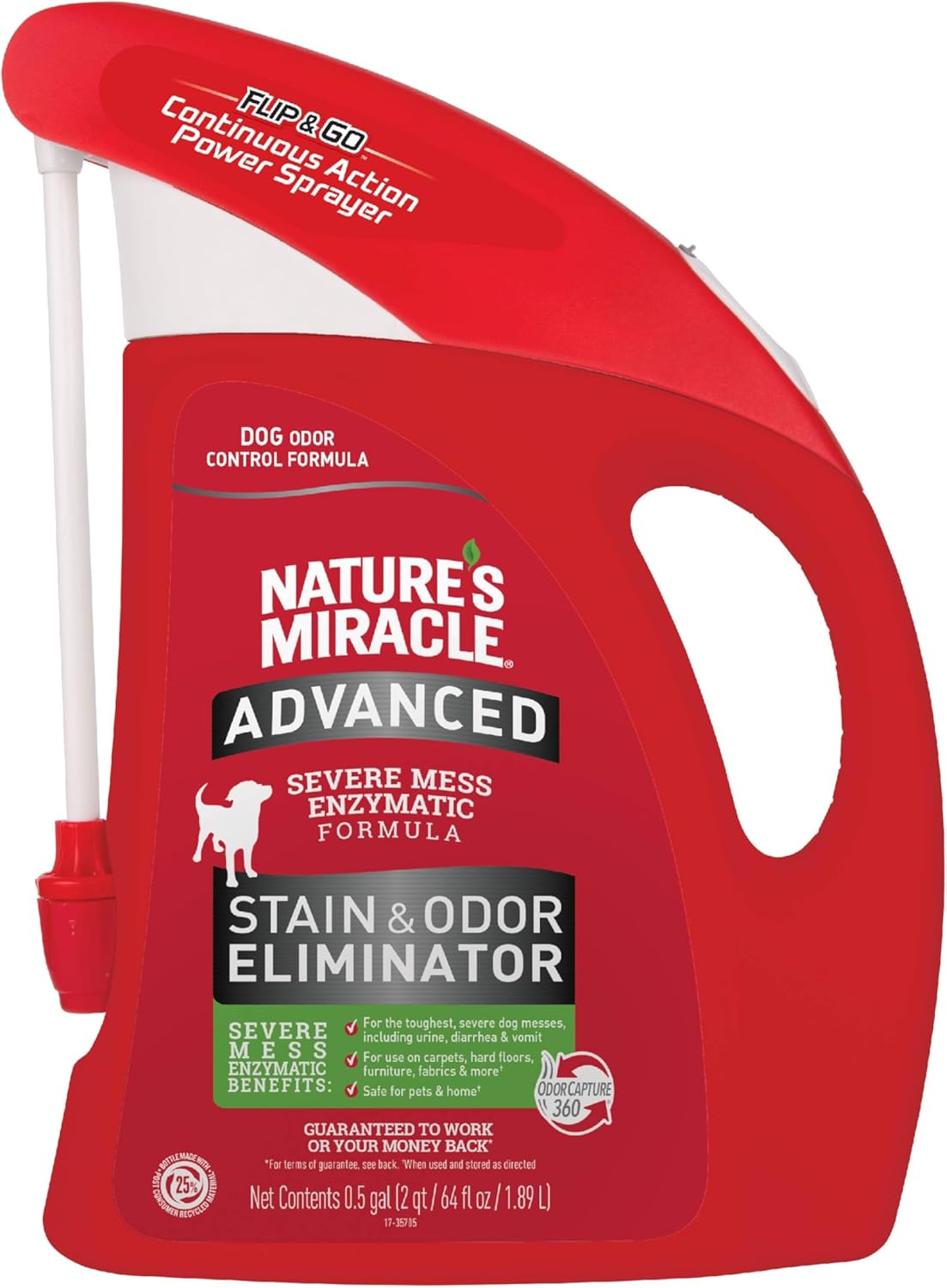 Nature’s Miracle Advanced Stain & Odor Eliminator For Dogs With Flip & Go Sprayer, 64 Ounces, Enzymatic Formula For Severe Dog Messes Including Urine, Feces, Diarrhea And Vomit Stains And Odors