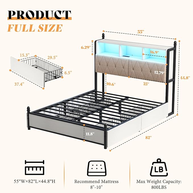 AMERLIFE Full Size Bed Frame with Bookcase Headboard and 4 Storage Drawers, Wooden Platform Bed with Charging Station and LED Light, No Box Spring Needed/Noise-Free, White