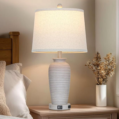 25" Vintage Farmhouse Jar Table Lamps, Single Rustic Bedside Lamp with USB A+C Ports & AC Outlet, Nightstand Lamps for Living Room, Bedroom, End Table, Grey White(LED Bulb Included)