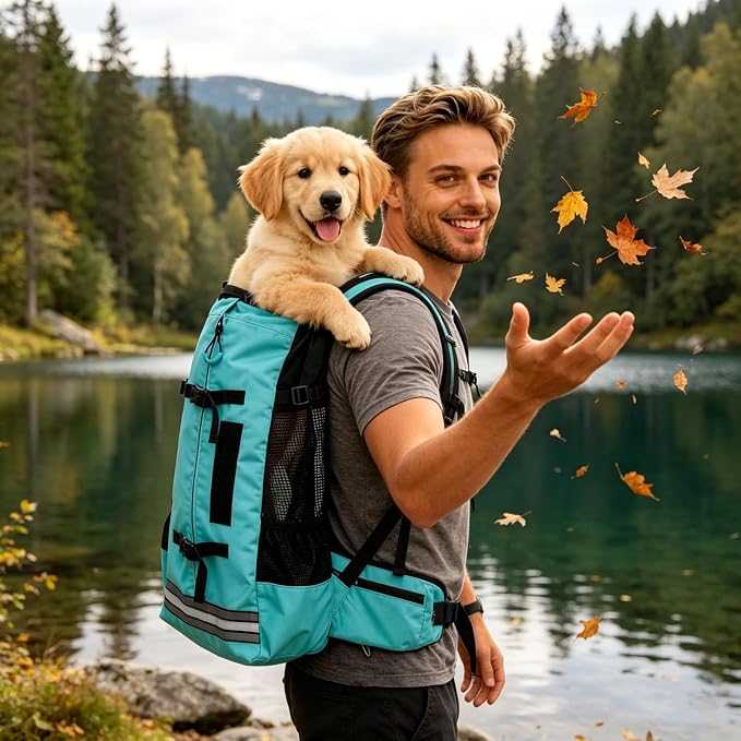 Big Dog Backpack Carrier, Green-L | Extra Large Pet Carrier for 66lbs Dogs, Fully Adjustable Water-Resistant Dog Travel Bag for Hiking Cycling Outdoor Adventures