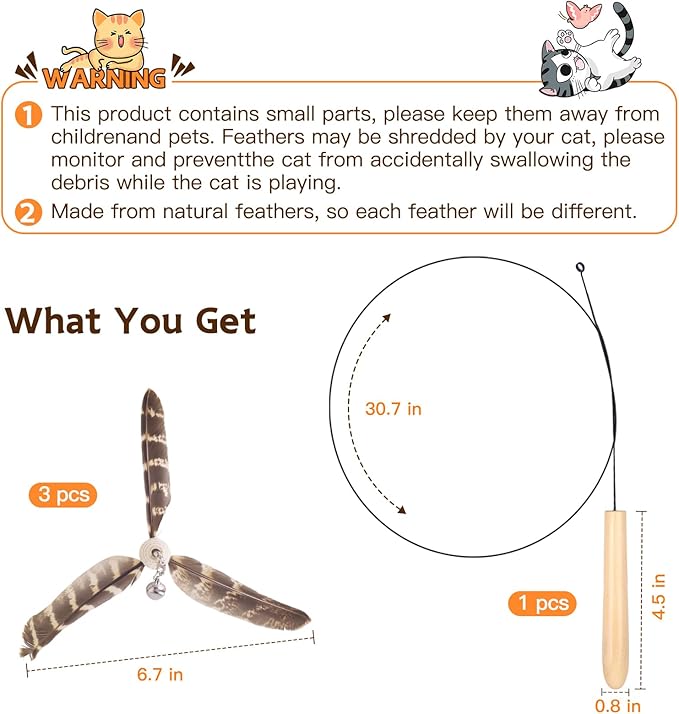 Cat Toys Interactive for Indoor Cats, Cat Wand Toys with 3 Feather Refills, Sturdy Wood Handle with Flexible Steel Wire for Kitten, Feather Toys Refills for Bored Indoor Adult Cats