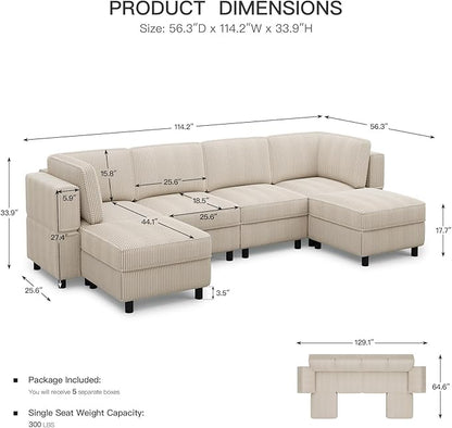 114.2" Modular Sectional Sofa with Deep Storage Seat,U Shaped Sectional Sofa Couch Convertible 6 Seater Corduroy Couch with Movable Ottoman,Upholstered Sectional Couches for Living Room,Beige
