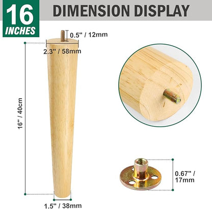 FoDau770 Rubber Wood Furniture Legs 16 Inches, Straight Tapered Wood Feet Mid Century Sofa Legs Set of 4, 5/16" UNC Furniture Feet Replacement Parts for Cabinet Couch Dresser Chair Ottoman Table