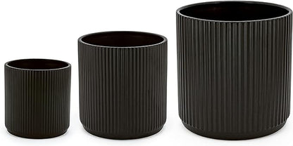 Amazon Basics Fluted Ceramic Planters for Indoor Outdoor Plants, Round Flower Pots with Drainage Hole, Set of 3, 6 inch, 8 inch, 10 inch, Black
