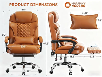DurayLoly Big and Tall Office Chair 400lbs - Executive Ergonomic Desk Chair with Footrest, High Back Reclining Leather Chair with Lumbar Support for Home Office Brown