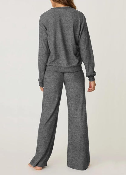 Aamikast Women's 2-Piece Lounge Set Soft Brushed Jersey Sleepwear Pajamas Set Long Sleeve Top & Wide Leg Pants