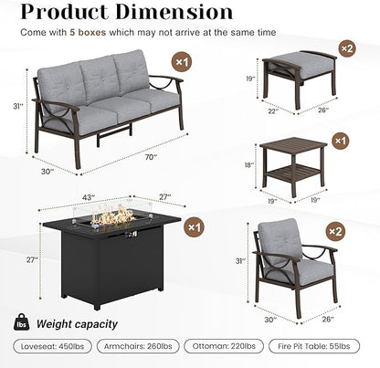 FansaFurn 7-Pieces Outdoor Patio Furniture Set with 43" Fire Pit Table, Outdoor Metal Sectional Sofa with Cushions, Outdoor Conversation Set for Garden, Balcony, Deck, Backyard, Grey