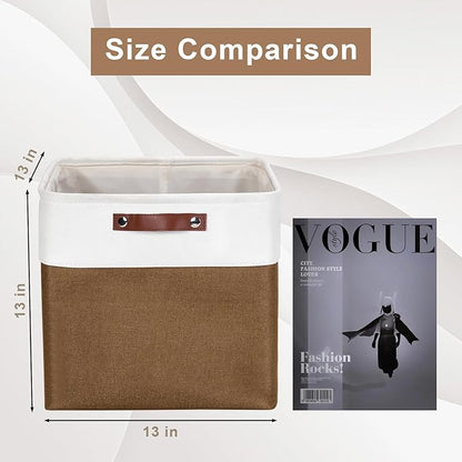 13x13 Cube Storage Bins, Collapsible Fabric Storage Box, 4 Pack Closet Baskets with Handles for Organizing, Shelf, Toys, Clothes, Home, Office, Nursery (Brown&White)