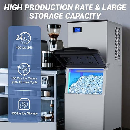 Commercial Ice Maker Machine 450 Lbs/24H, 350 Lbs Large Storage, Stainless