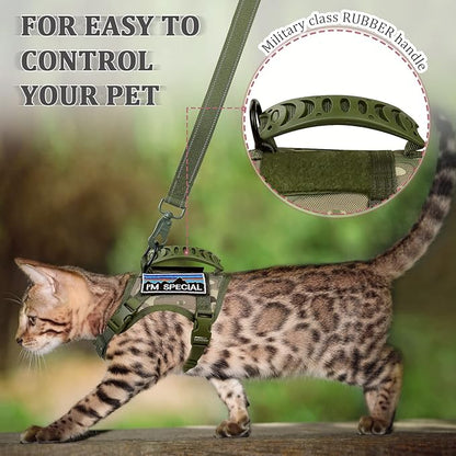 Tactical Cat Harness and Leash for Walking Esacpe Proof,Adjustable Soft Mesh Large Cat Vest with Rubber Handle Easy to Control,Molle Patches