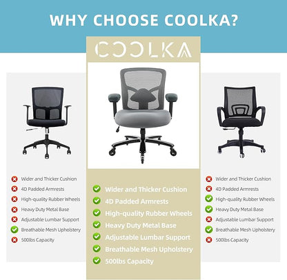 Big and Tall Office Chair 500lbs - Ergonomic Mesh Desk Chair, Heavy Duty Computer Chair-Wide Thick Seat Cushion, Adjustable Lumbar Support, Metal Base, Rubber Wheels, 4D Armrests, Grey