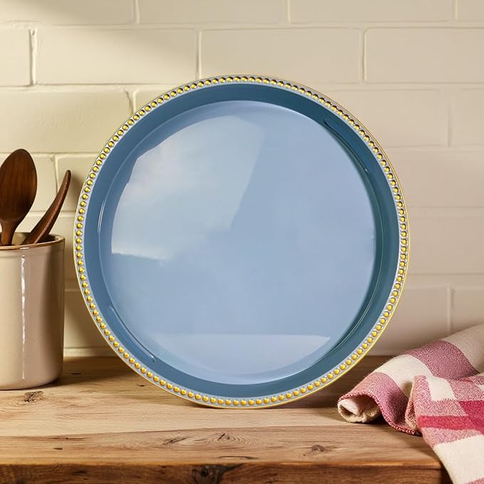 Blue Decorative Tray for Coffee Table, Round Beaded Plastic Serving Tray forKitchen Counter, Ottoman, Living Room,(13")