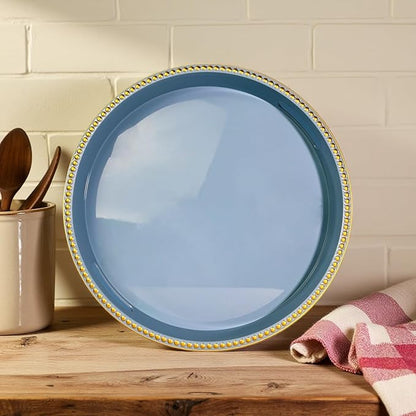 Blue Decorative Tray for Coffee Table, Round Beaded Plastic Serving Tray forKitchen Counter, Ottoman, Living Room,(13")
