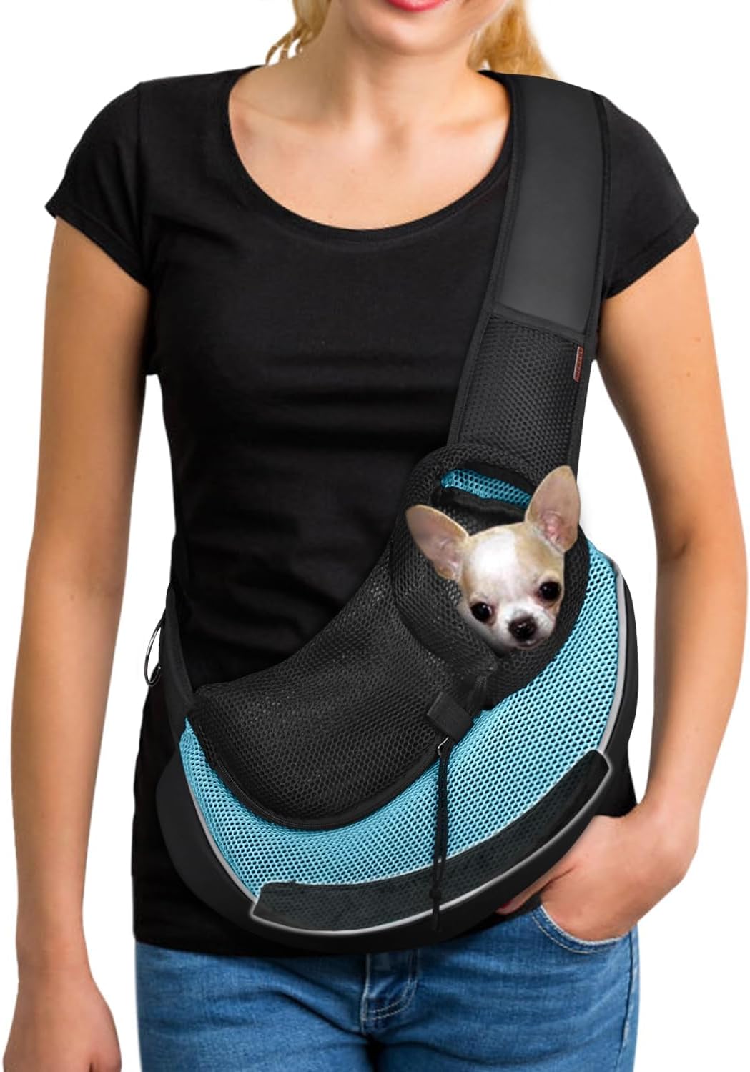 YUDODO Pet Sling Carrier for Small Dogs & Cats – Hands-Free Puppy Carrier with Safety Hook, Large Zipper Pocket, Soft Breathable Mesh, Adjustable Strap & Reflective Strip (Cyan 3.0 S)