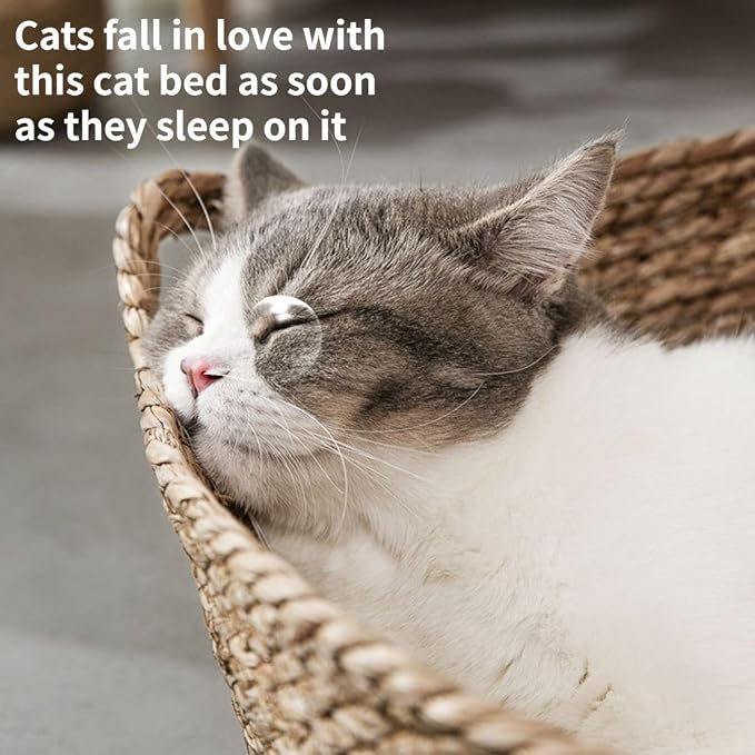 Cat Bed, Straw Woven Cat Baskets Bed, Round Wicker Cat Basket Nest, Non-Slip Cozy Kitten Bed for Cats Small Dog (Only Nest,Medium)