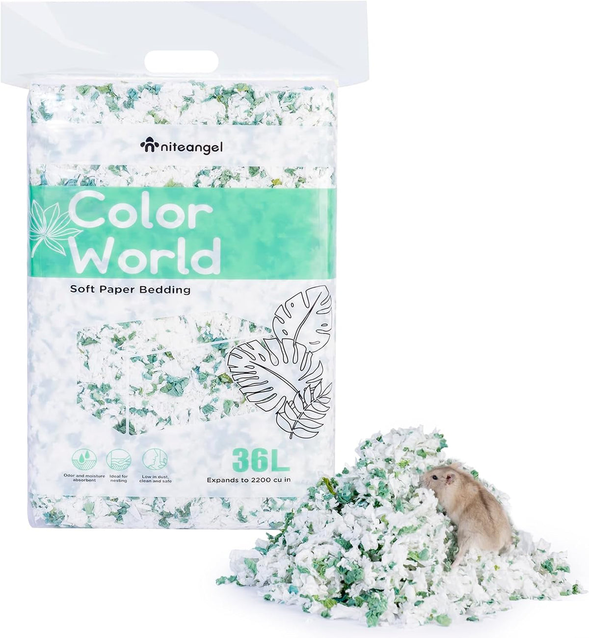 Niteangel Aspen Shaving Hamster Beddings for Syrian Dwarf Hamster Gerbil Mice Degu Rat Rabbit Bunny Guinea Pig Chinchilla Hedgehog or Other Small Pets (36L - White/Green Paper Bedding)
