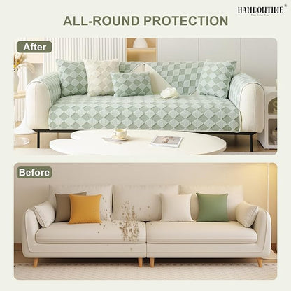 HANDONTIME Non-Slip Pet Couch Cover Washable, Plush Faux Fur Couch Protector for Cushion Pet-Friendly Sofa Covers for Dogs, Checkered Diamond Sectional Covers Dog Mat for Sofa (Green, 35.6" x 94.5")