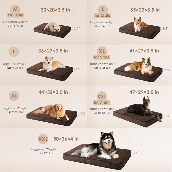 EHEYCIGA Orthopedic Dog Bed Large with Removable Washable Cover, 50IN Brown | Egg Crate Foam Support, Durable Oxford fabric, Non-Slip Bottom, Machine Washable, Soft Waterproof Plush Pet Bed Mat For Crate