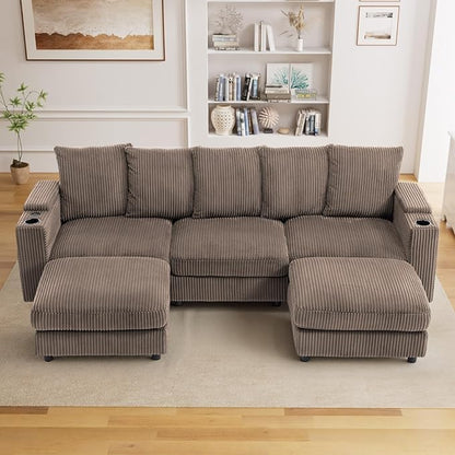 110" W x 60" D U Shape Sectional Sofa with USB Charging & Cup Holder & Storage, 5 Seater Plush Corduroy Couches with Movable Ottoman, Cloud Couch Sofas for Living Room, DIY Combination - Brown