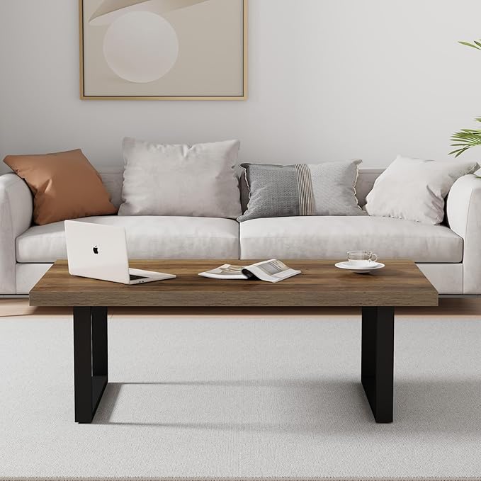 IBF Farmhouse Coffee Table, Modern Coffee Table for Living Room, Simple Industrial Rectangle Center Table, Wood Metal Tea Table for Home Bedroom Office, Rustic Oak, 47 in