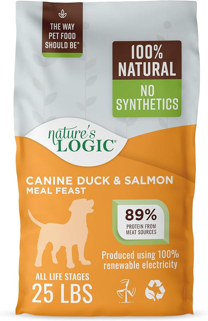 NATURE'S LOGIC Dry Dog Food - 100% Natural - No Synthetics - for All Ages, Sizes, Breeds - Free from Common Allergens, High Protein - Duck & Salmon Meal Feast, 25lbs