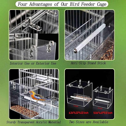 Automatic Bird Feeder for Cage, Automatic Acrylic Bird Feeder No Mess Bird Cage for Small Bird Parrots Canary Parakeet Budgerigar Crested Myna Cockatiel (Large)