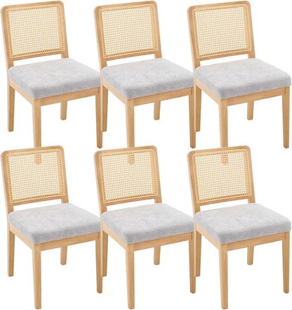 LukeAlon Set of 2 Dining Chairs Mid Century Modern with Woven Cane Back, Soft Chenille Upholstered Seat, Solid Wood Legs for Kitchen, Dining Room, Breakfast Nook, Farmhouse Style, Grey