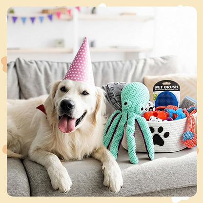 Zopeal 17 Pcs Summer Puppy Gift Set, Dog Toy & Essentials Bundle with Chew Toys, Poop Bag Dispenser, Grooming Brush, Training Bell, Blanket & Rope Basket(White,Octopus)