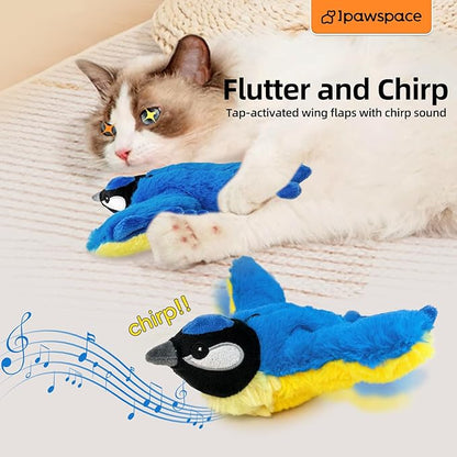 Interactive Flapping Bird Cat Toy with Catnip, Touch Activated Rechargeable, Musical Sound (can Turn Off), Satisfy Cat's Natural Huting Instinct, Soft Plush Washable Cover (Blue)