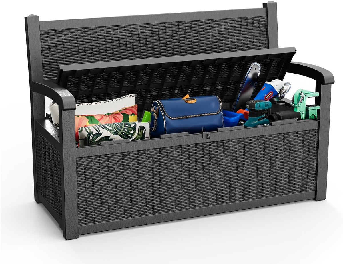 80 Gallon Storage Bench Waterproof and Lockable,Deck Box Outdoor Storage Furniture for Patio,Garden,and Porch – Perfect for Storing Garden Tools and Cushions(Black)