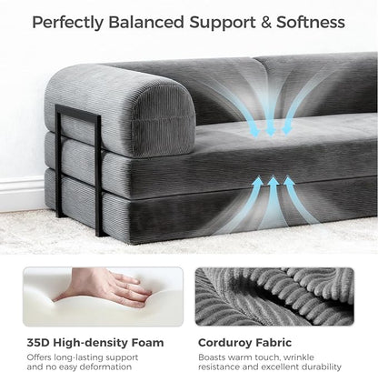 HipyMo 4-in-1 Folding Convertible Sofa Bed, 78 Inch Boneless Couch with Fixed-Shape Frame, Loveseat Sleeper with Pull Out Bed, Floor Sofa Modular Futon Couch for Living Room Bedroom Lounge (Gray)