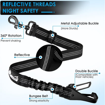 Lukovee Dog Seatbelt Leash for Cars, 2 Pack Pet Safety Car Seat Belt with Adjustable Buckle & Reflective Bungee, Connect Dog Harness in Vehicle Car Dogs Restraint Travel Daily Use (Black)