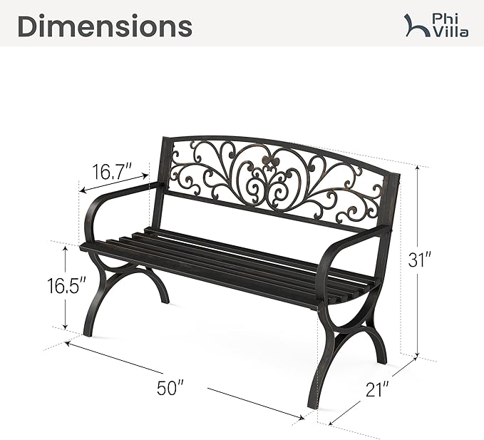 PHI VILLA 50Inch Cast Iron Steel Frame Garden Bench Patio Furniture Chair Outdoor Bench w/Floral Design Backrest, Slatted Seat for Park, Yard & Porch, Bronze
