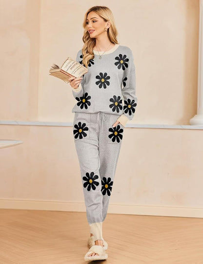 Ekouaer Women's 2 Piece Lounge Set Long Sleeve Knit Pajamas Sweatsuit Jogger Pant Outfits With Pockets S-XXL
