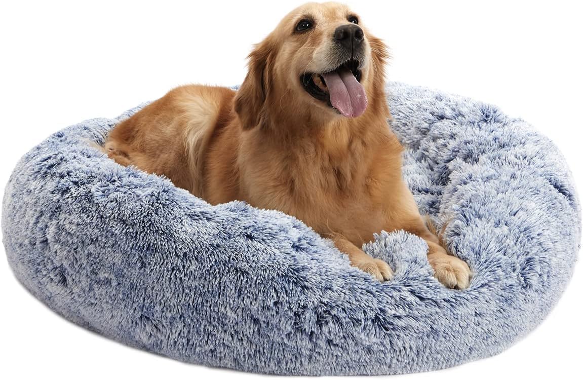 Bedfolks Calming Donut Dog Bed - 36 Inch Round Plush Beds for Large Dogs, Anti-Anxiety Machine Washable (Navy Blue, Large)