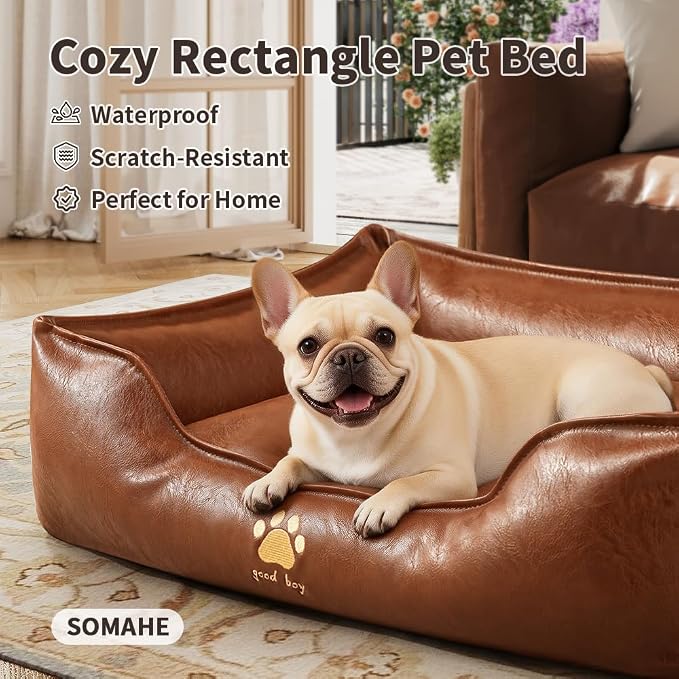 SOMAHE Waterproof Leather Dog Bed, Bolster Couch, 24x19x9 Brown | Wipe-Clean Waterproof Leather + Removable Cushion: raised bolsters create a cozy bed for small-medium dogs.