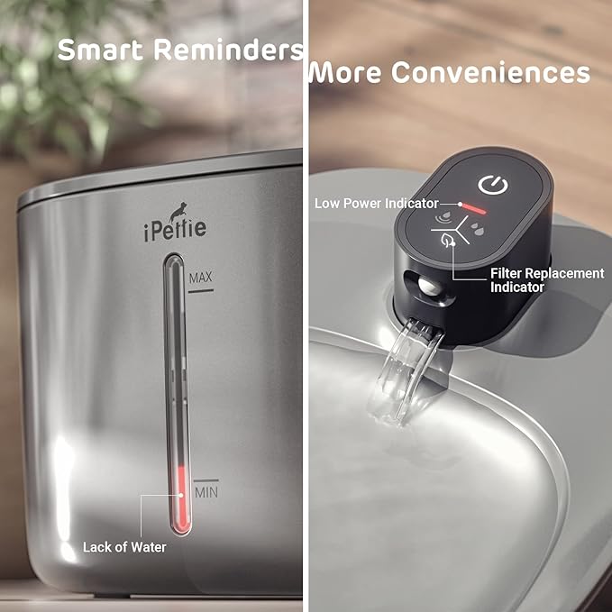 iPettie Runway Battery Cordless Cat Water Fountain Stainless Steel, 1.1Gal/4L Large Capacity, Motion Sensor, 5-Stage Water Filter