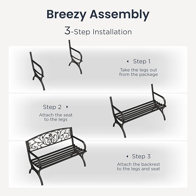PHI VILLA 50Inch Cast Iron Steel Frame Garden Bench Patio Furniture Chair Outdoor Bench w/Floral Design Backrest, Slatted Seat for Park, Yard & Porch, Bronze