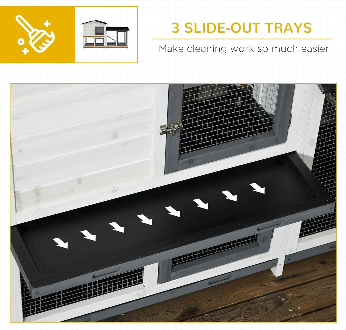 PawHut 62" Rabbit Hutch, Wooden Bunny Hutch, Guinea Pig Cage, Small Animal Enclosure with Run Area, Removable Tray, Asphalt Roof, Lockable Doors and Ramp, for Rabbits, Chickens, Ducks, White