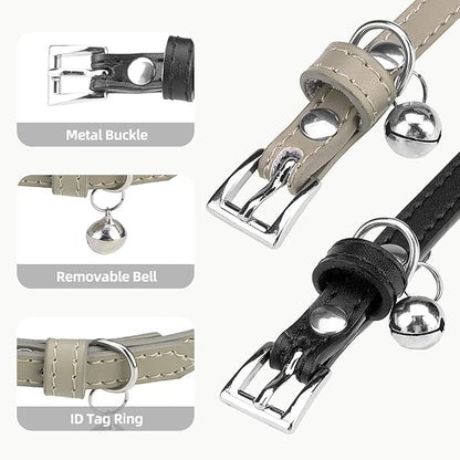 PUPTECK 2 PCS Soft Genuine Leather Cat Kitten Collar with Bells Adjustable for Girl Boy Cats Puppy - Black, Khaki