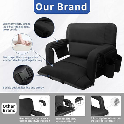 Aventorixis Extra Wide Stadium Seats with Back Support – 2 Pack Sofa-Style Bleacher Chairs, Thick Cushions, 6 Reclining Positions(Black-2 Pack,Wide|25")